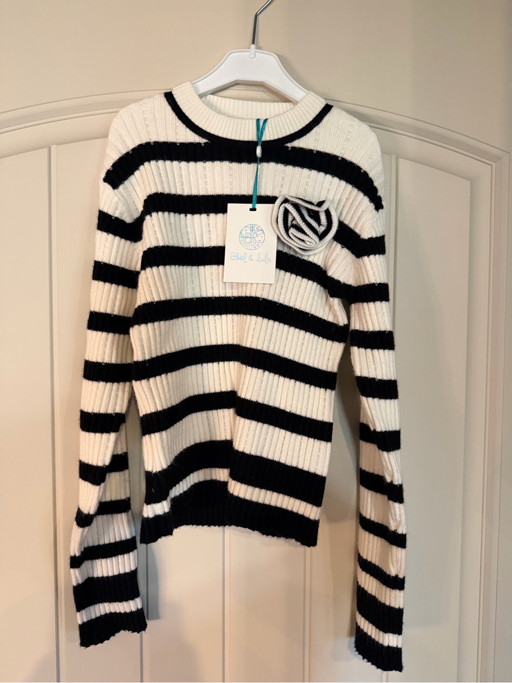 NWT Abel and Lulu Black and White Stripe Sweater with Flower